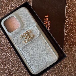 iPhone 15Pro Pebbled Leather CC Vibes Case in Blue & Gold Hardware, New in Box